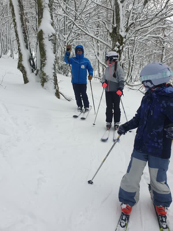 Des skieurs accompagnés dans la forêt enneigée